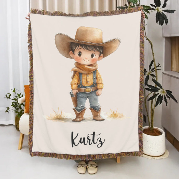 Personalized Cartoon Cowboy Tassel Blanket with Name