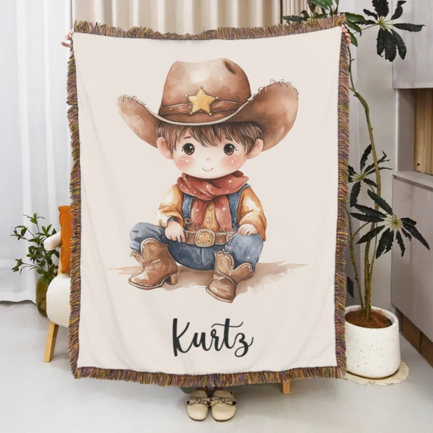 Personalized Cartoon Cowboy Tassel Blanket with Name