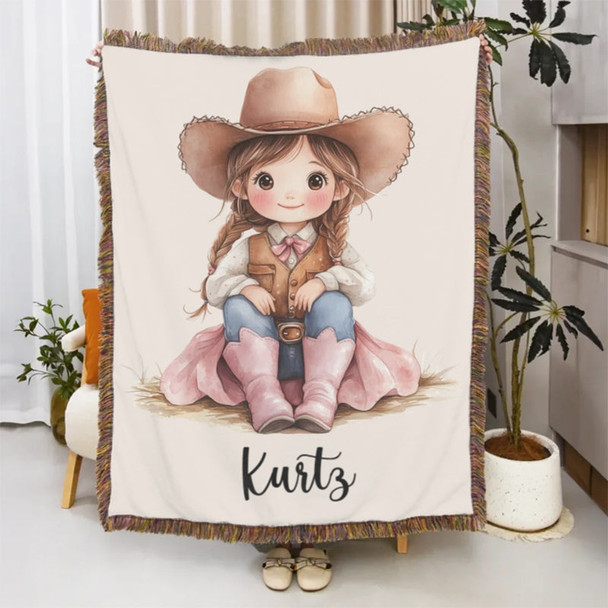 Personalized Cartoon Cowboy Tassel Blanket with Name