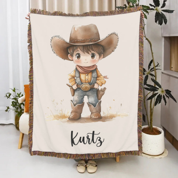 Personalized Cartoon Cowboy Tassel Blanket with Name