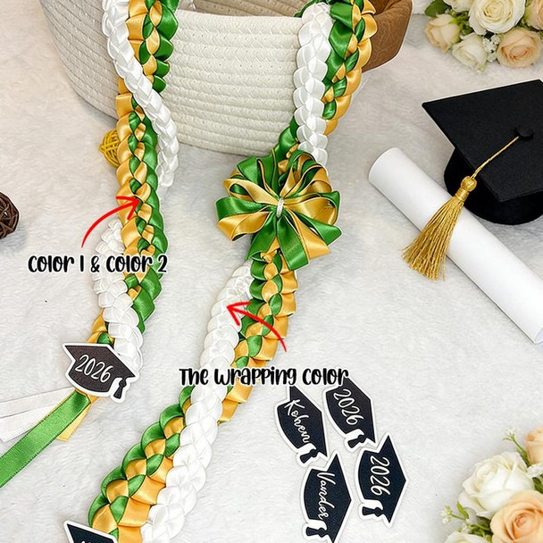 Personalized Tri-Color Graduation Lei, Acrylic Name & Year Ends, Custom 3 Ribbon Colors
