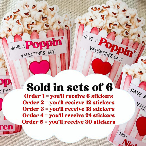 Valentine popcorn stickers,Valentine's Day stickers sets of 6