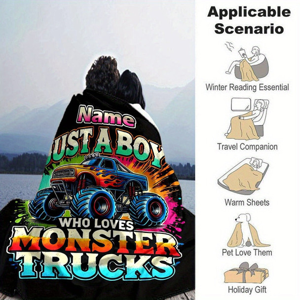 Personalized Monster Truck Throw Blanket - Custom Name