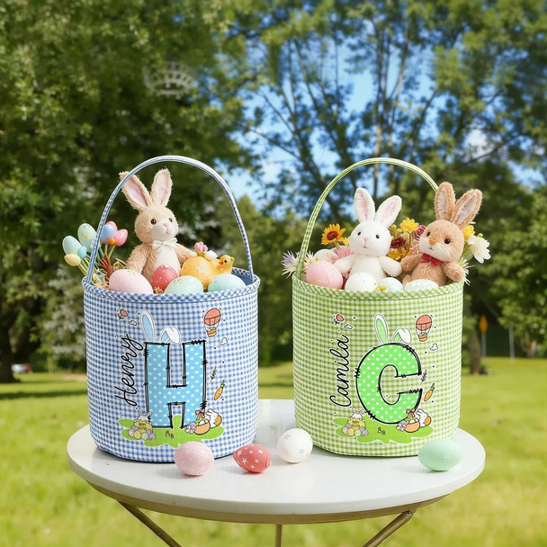 Personalized Cute Bunny Initial Flower Plaid Easter Basket with Name