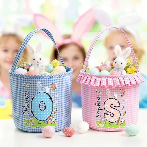 Personalized Cute Bunny Initial Flower Plaid Easter Basket with Name