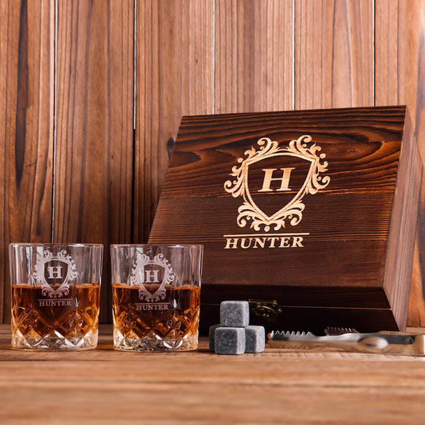 Personalized Whiskey Glass Set with Engraving Wooden Box