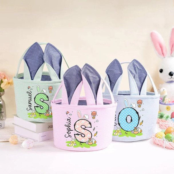 Personalized Cute Bunny Ears Polka Dot Initial Easter Basket