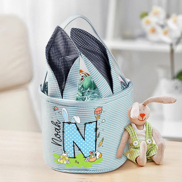 Personalized Cute Bunny Ears Polka Dot Initial Easter Basket