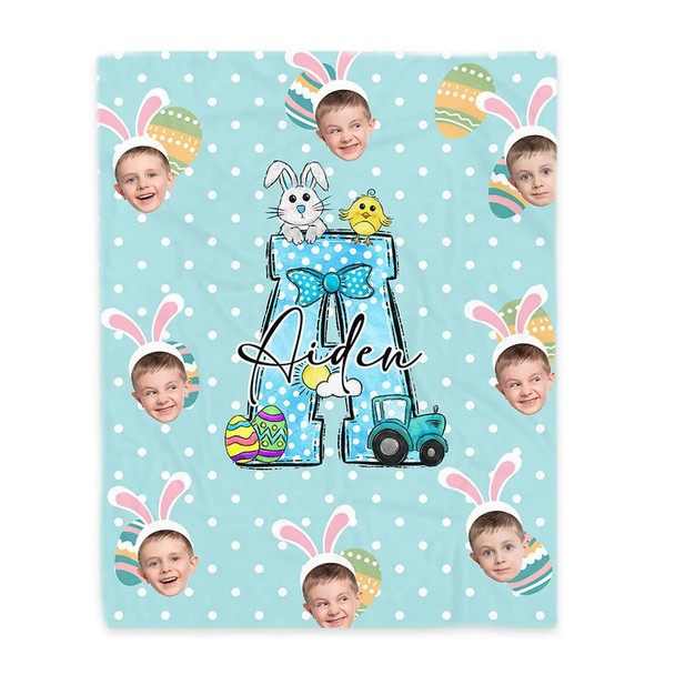 Personalized Easter Colorful Polka Dot Bunny Chick Initial   & Face Photos Blankets