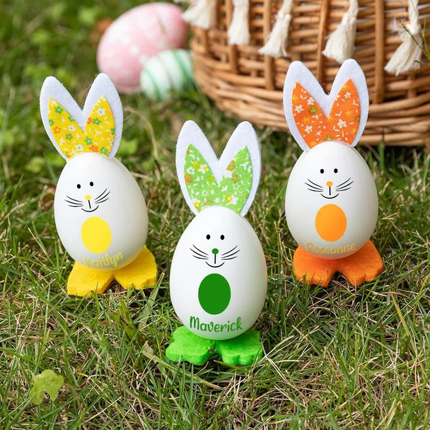 Personalized Colorful Floral Plaid Cute Easter Bunny Eggs Decoration with Name Set of 3