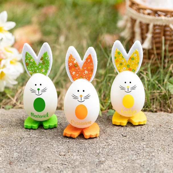 Personalized Colorful Floral Plaid Cute Easter Bunny Eggs Decoration with Name Set of 3