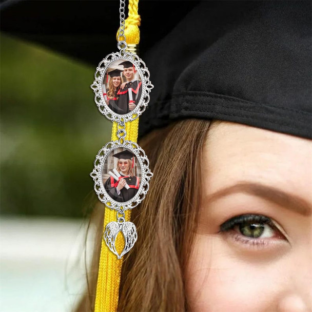 Graduation Tassel Charm with Angel Wings, Custom Graduation Cap Photo Charm