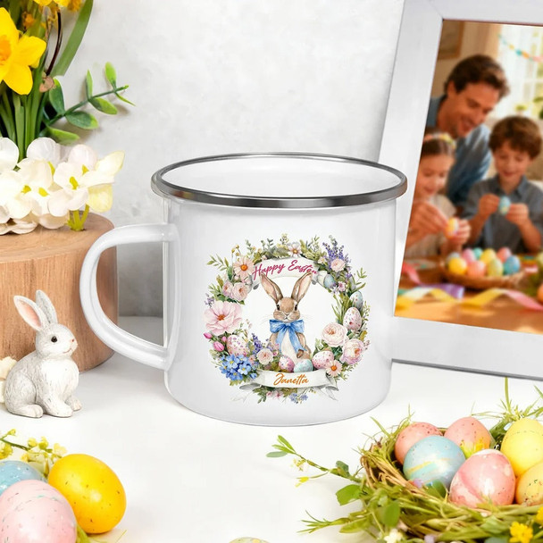 Personalized Happy Easter Cute Wreath Egg Bunny 12 oz