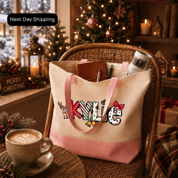 Personalized Christmas Name Tote Bag, Custom Holiday Tote with Name, Festive Christmas Gift Bag