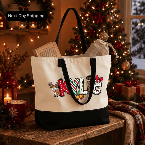 Personalized Christmas Name Tote Bag, Custom Holiday Tote with Name, Festive Christmas Gift Bag