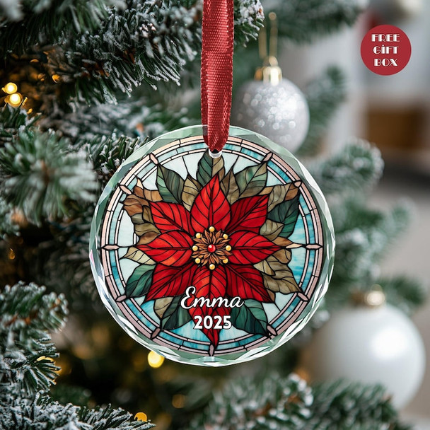 Personalized Stained Glass Christmas Ornament 2025, Custom Name Holiday Tree Decoration