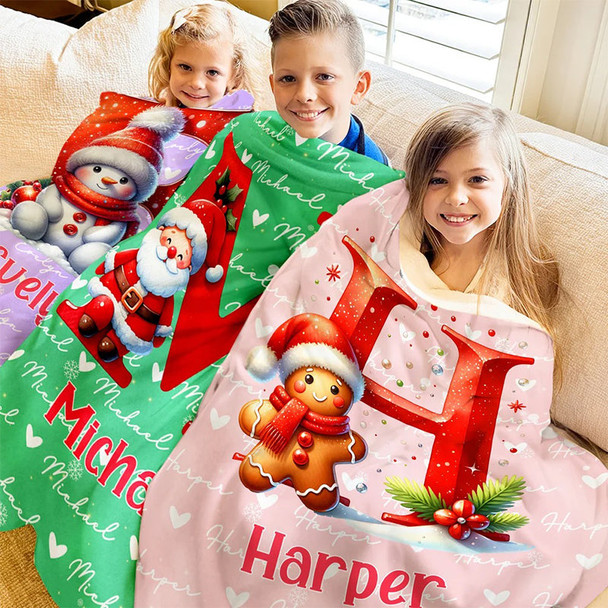 Personalized Santa Hat Snowman Penguin Initial Word Cloud Blanket