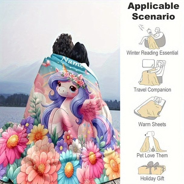 Creative Cartoon Unicorn Butterfly Floral Pattern Text Custom Flannel Print Blanket
