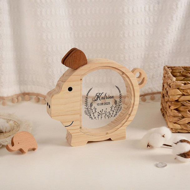 Custom Kid Name Piggy Bank, Custom Wooden Pig Coin Bank, Baptism Gift