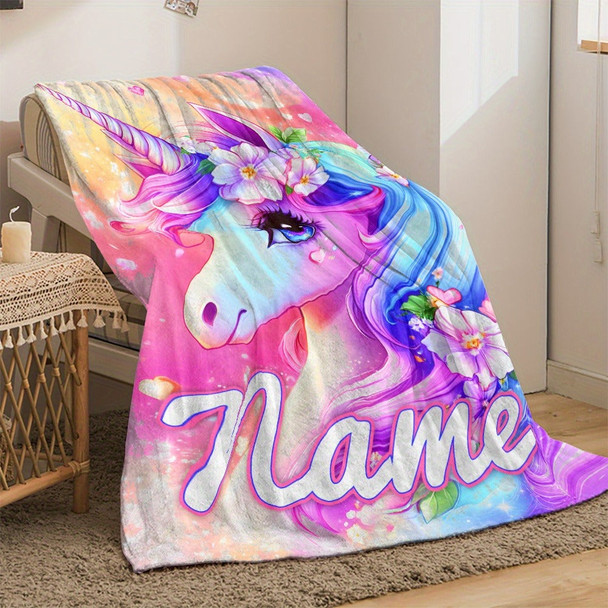Custom Name Beautiful Dazzling Flower Unicorn Print Portable Blanket
