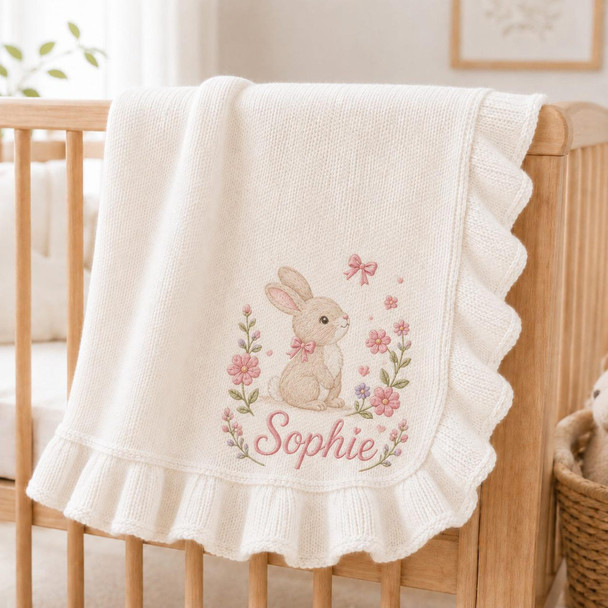 Personalized Baby Girl Blanket, Embroidered Bunny & Floral, Custom Name Sophie