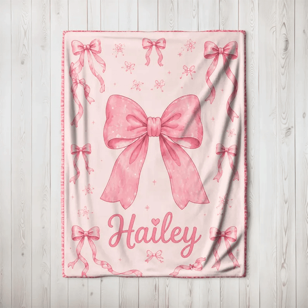 Custom Name Bow Blanket for Girls, Pink Coquette Blanket, girly Blanket