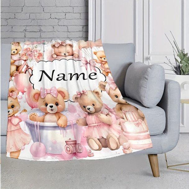 Personalized Name Design, Soft & Warm Cartoon Bear Print Blanket