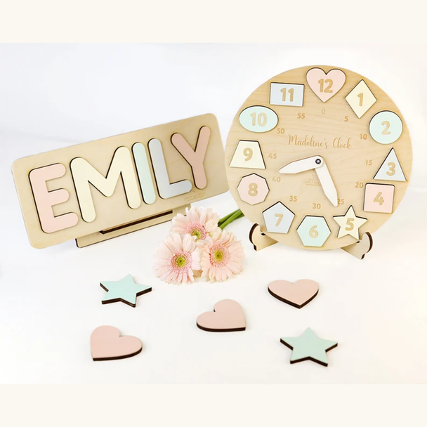 Personalized Wooden Name Clock with Shape Chrin Gift Puzzle Toys