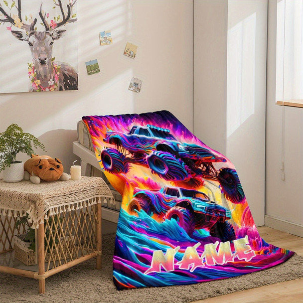 Custom Name Monster Truck Flannel Blanket - Vibrant Oil Painting Design