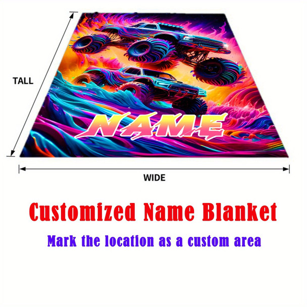 Custom Name Monster Truck Flannel Blanket - Vibrant Oil Painting Design