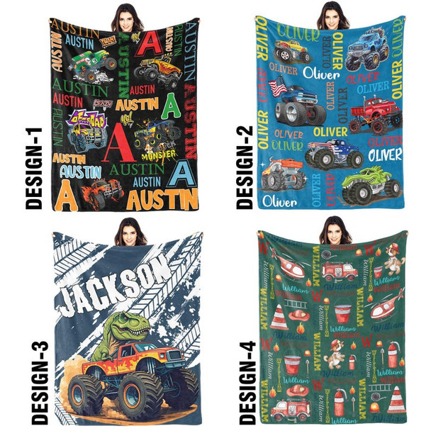 Personalized Monster Truck Kids Blanket - Custom Boys Name Throw