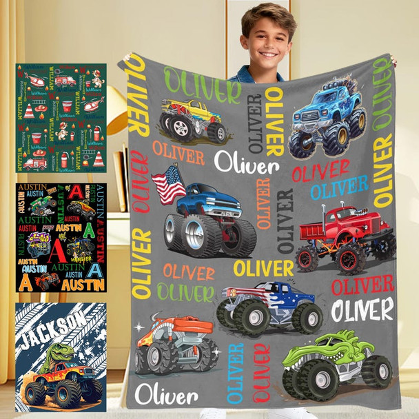 Personalized Monster Truck Kids Blanket - Custom Boys Name Throw