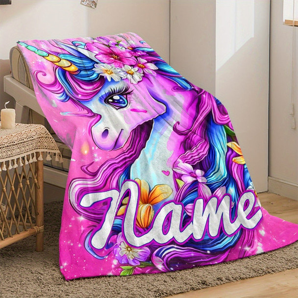 Personalized Name Lovely Dazzling Flower Unicorn Print Portable Blanket