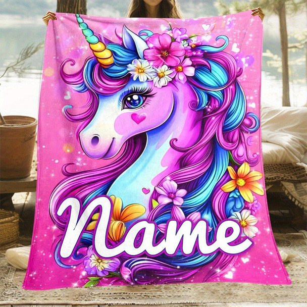 Personalized Name Lovely Dazzling Flower Unicorn Print Portable Blanket