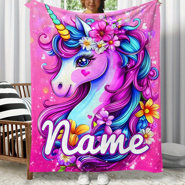 Personalized Name Lovely Dazzling Flower Unicorn Print Portable Blanket