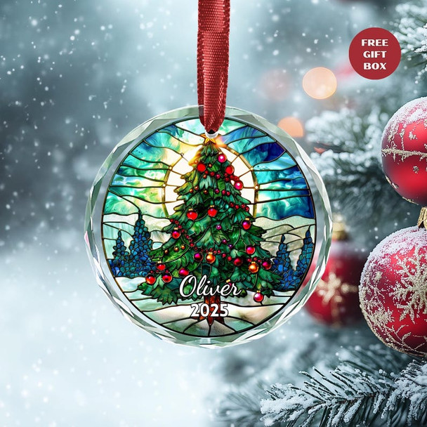Personalized Christmas Tree Stained Glass Ornament, Custom Name Holiday Tree Decoration