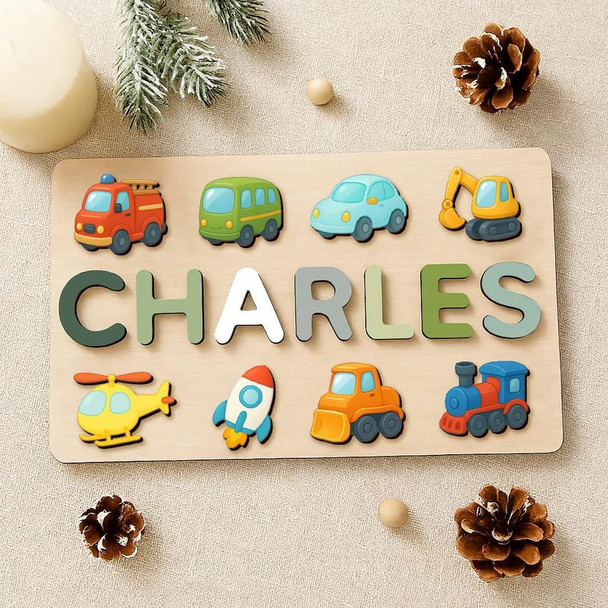Custom Wooden Name Puzzle a?? Vehicles Theme | Personalized Baby Gift