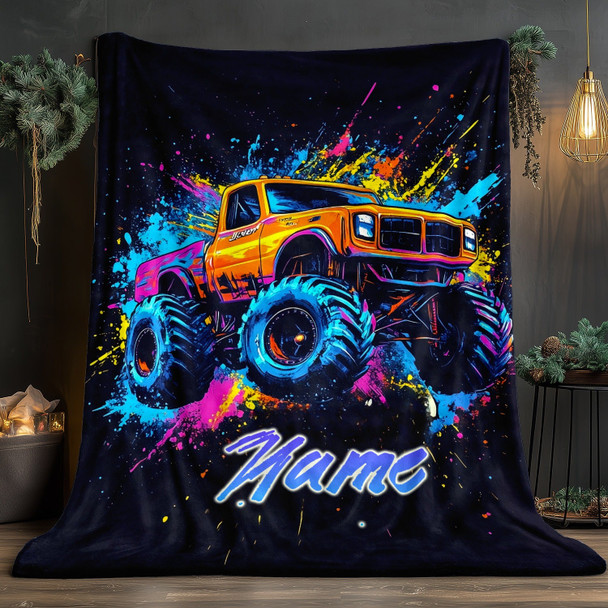 Personalized Monster Truck Flannel Blanket a?? Custom Name Ink Splitter Design