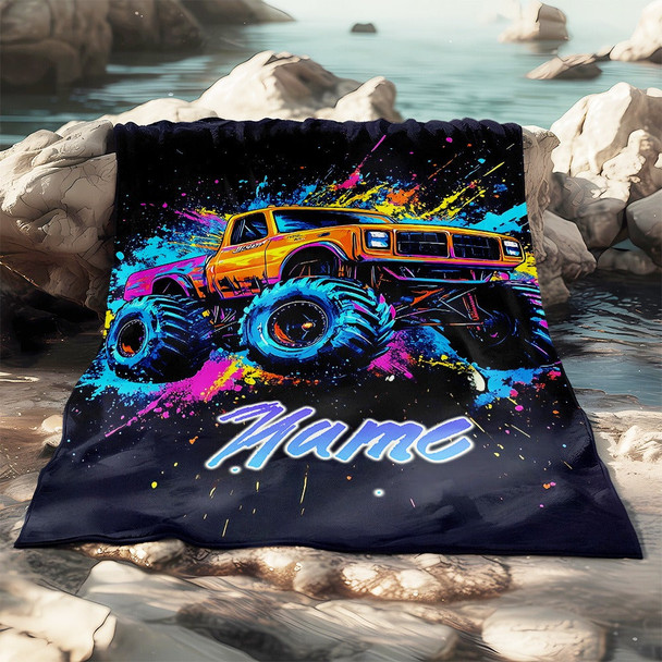 Personalized Monster Truck Flannel Blanket a?? Custom Name Ink Splitter Design