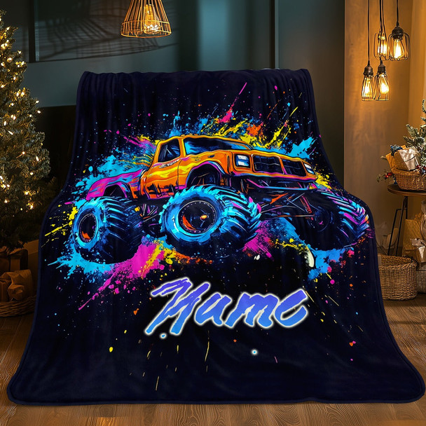 Personalized Monster Truck Flannel Blanket a?? Custom Name Ink Splitter Design