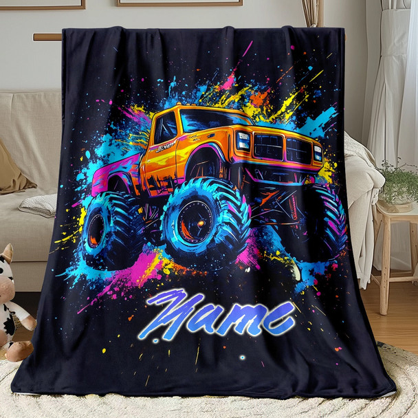 Personalized Monster Truck Flannel Blanket a?? Custom Name Ink Splitter Design