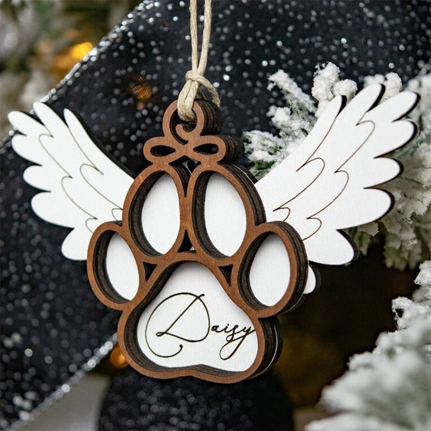 Angel Wings Dog Paw Memorial Pendant - 3D Carved Paw Print with Name