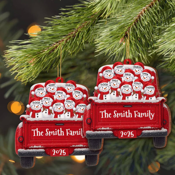 Custom Snowman Family Christmas Ornament, Red Truck Flat Ornament