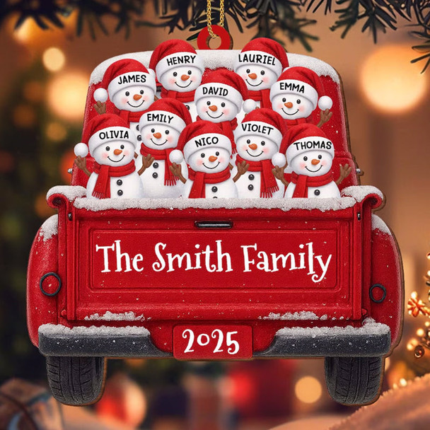 Custom Snowman Family Christmas Ornament, Red Truck Flat Ornament
