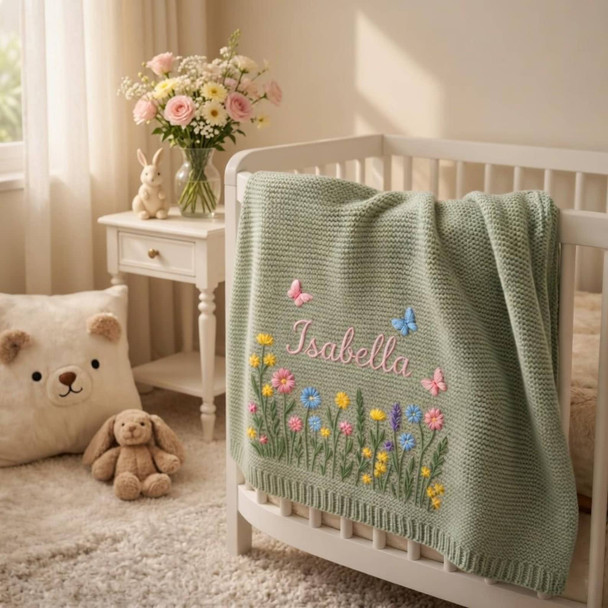 Custom Embroidered Name Blanket with Butterflies and Wildflowers for Newborn