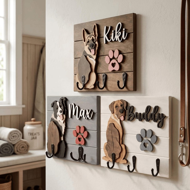 Personalized Dog Leash Holder, Custom Dog Name Sign, 3D Wooden Pet Leash Hook