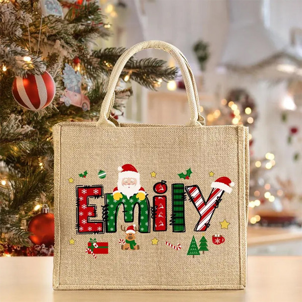 Personalized Santa Jute Tote Bag - Custom Name