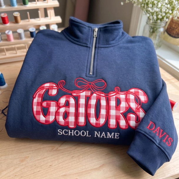 Custom Mascot  Bow Quarter Zip Sweatshirt, Personalized Applique School Spirit Pullover