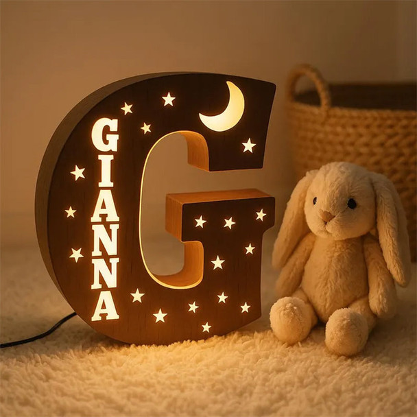 Personalized Wooden Night Light: Custom Name Initial LED Nursery Lamp