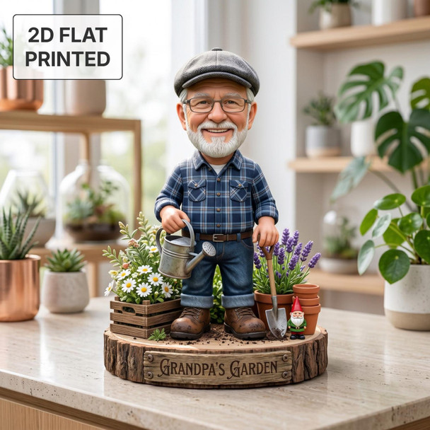 Personalized Grandpa Garden Gnome 2D FLAT Wooden Block, Custom Photo Caricature Plaque Sign
